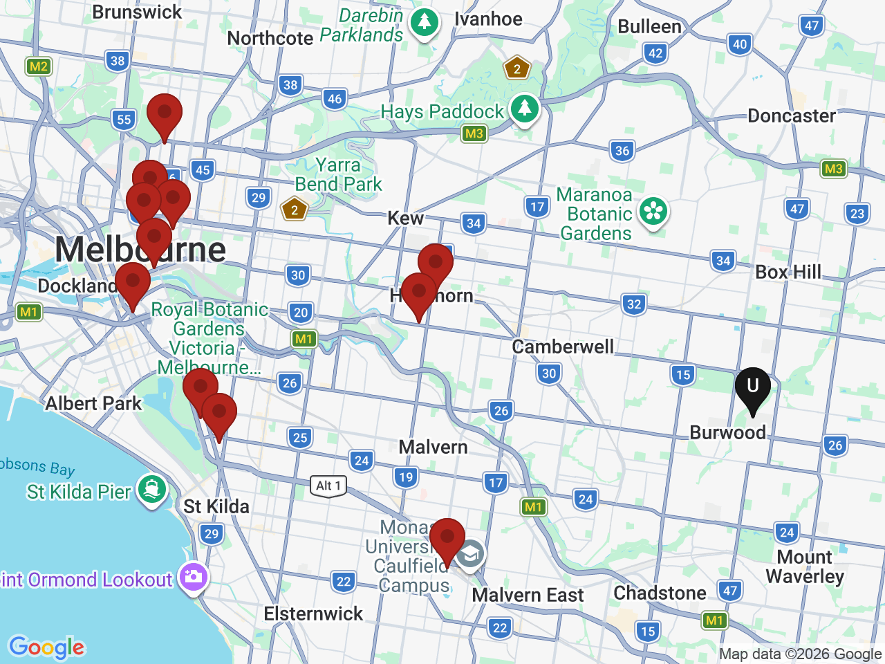 Map of UniLodge homes near Deakin University - Melbourne