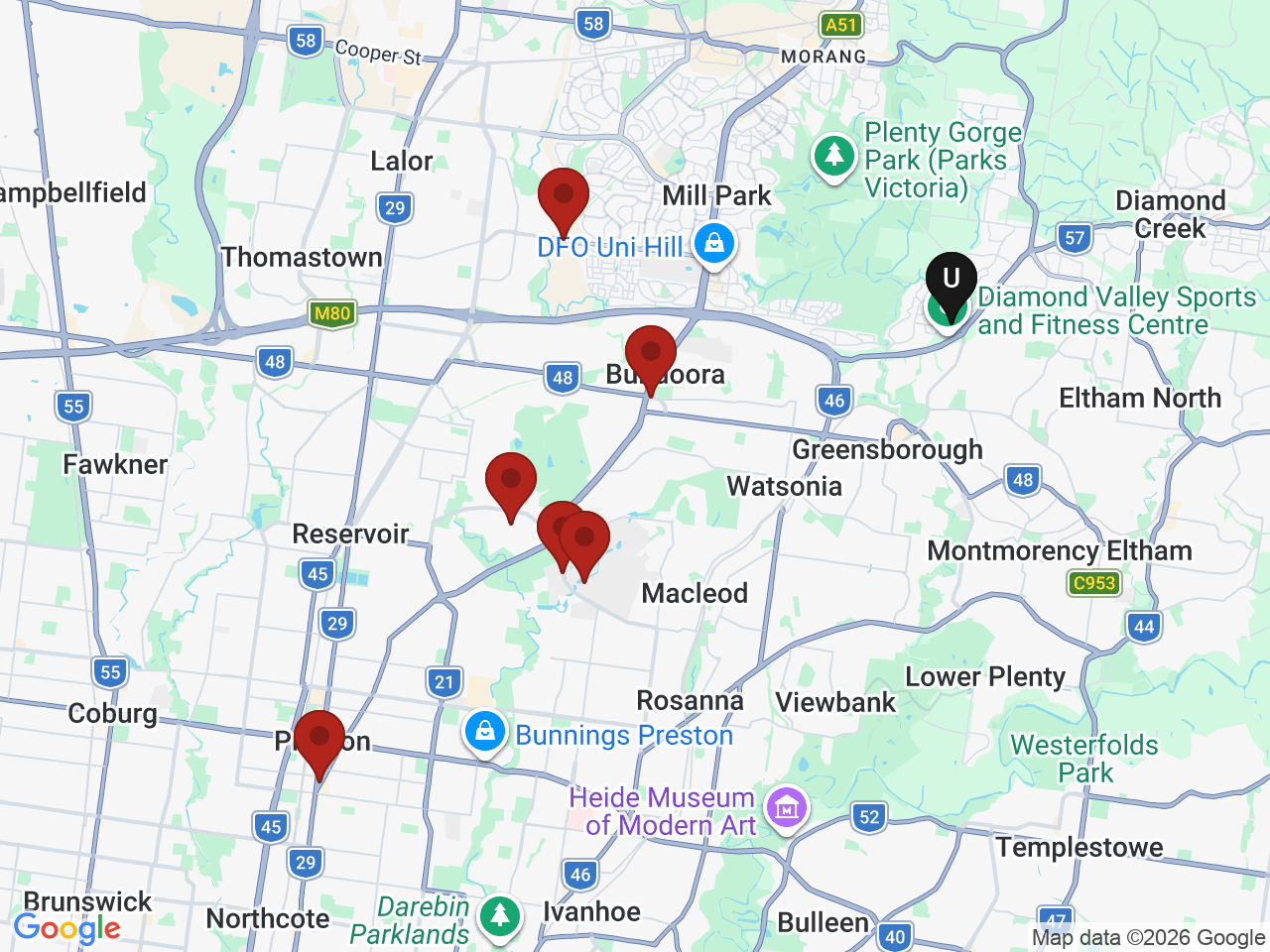 Map of UniLodge homes near Melbourne Polytechnic - Greensborough (Melbourne)