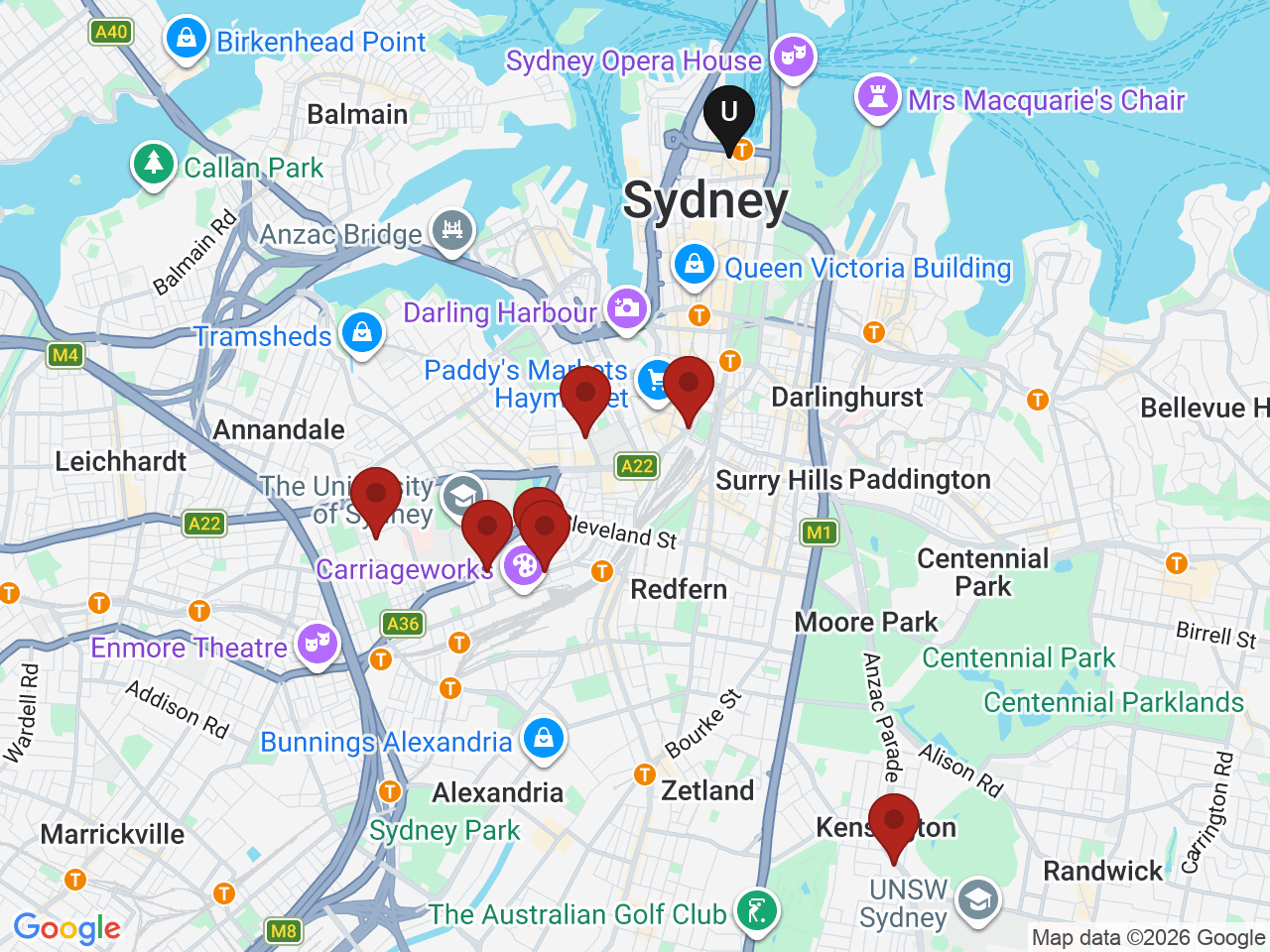 Map of UniLodge homes near Sydney Business School