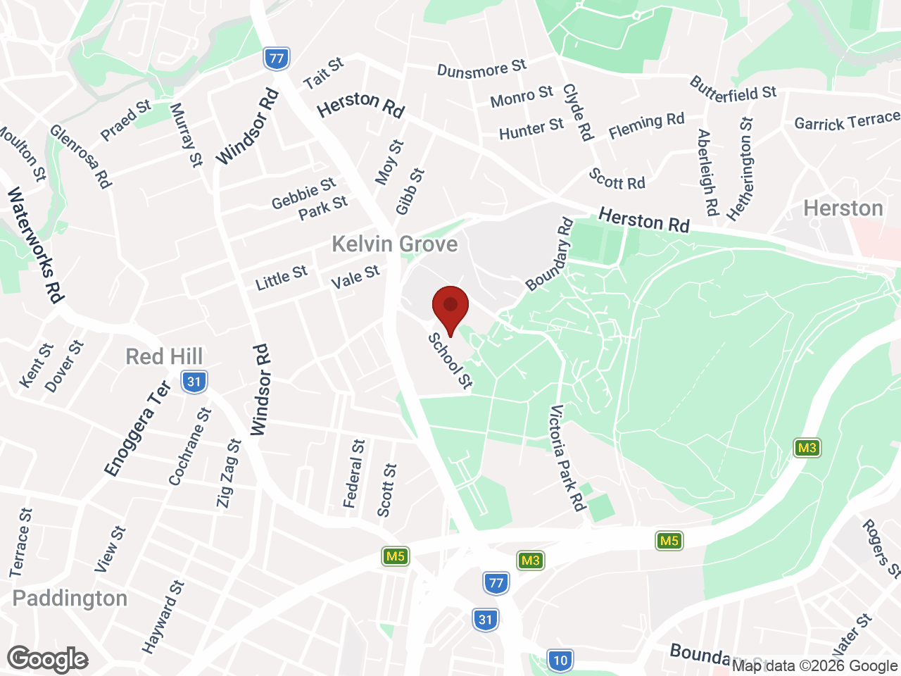 Map showing UniLodge School Street Studios, Kelvin Grove